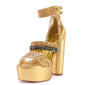 Sandales à talons épais et plateforme pour femme, avec chaîne en métal doré, bout ouvert, chaussures de mode d'été - Product Image 2