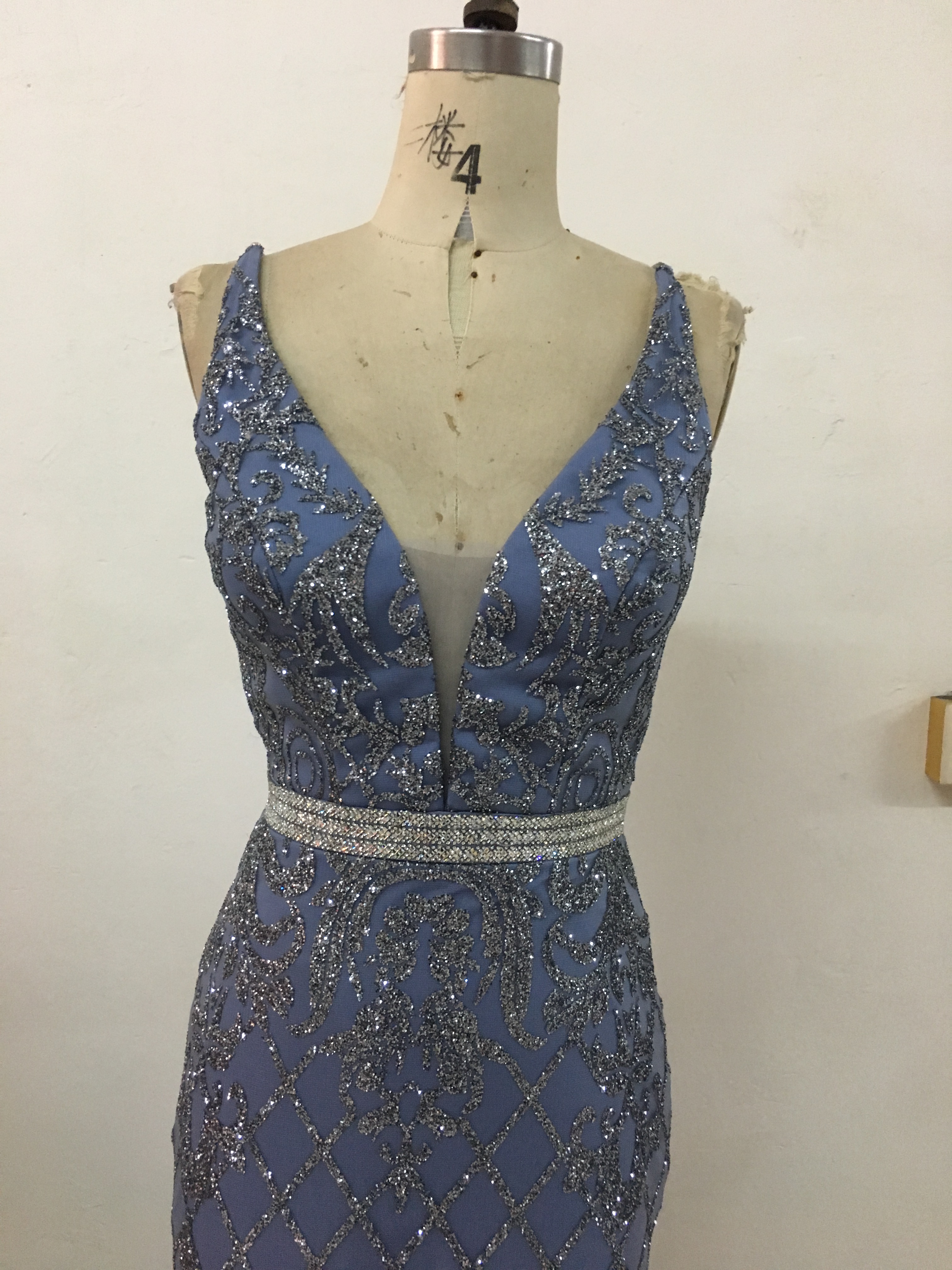 Sexy Mermaid Deep V Neck Rhinesto<i></i>nes Belt Waist Low Back Sparkle Fabric Prom Dress