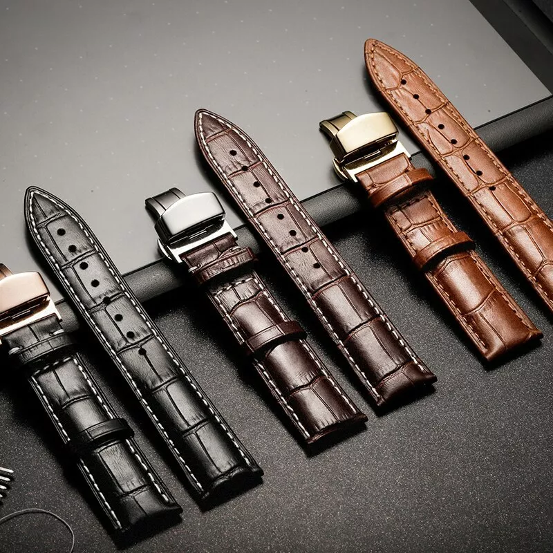Trendybay High Quality Butterfly Clasp Custom OEM Vintage Genuine Calfskin Leather Watch Strap Smart Watch Replacement Band