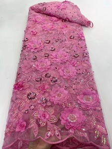 2022 Bridal Dress <strong>Material</strong> 2022 Luxury <strong>Red</strong> 3d Flowers Lace Handmade Party Lace Fabric - Product Image 5