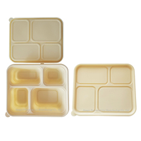 Boîte à lunch en bambou jetable, écologique, biodégradable, sans BPA, micro-ondable, 4 compartiments, récipient alimentaire, assiette à repas, couvercle