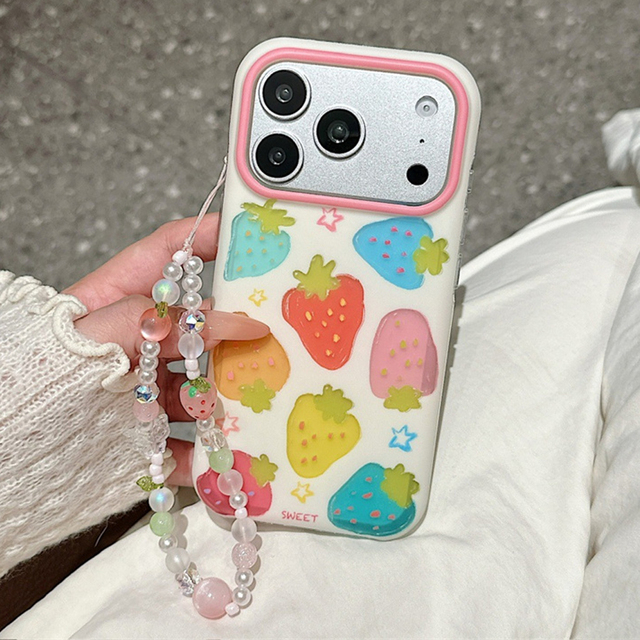 Cute Colorful Strawberry Print Phone Case With Beaded Chain Lanyard Shockproof Cartoon Case for iPhone 17 Pro Max 16 15Pro Cover