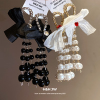 Boucles d'oreilles longues en perles et nœud papillon coréen pour femmes, boucles d'oreilles en argent coréen avec nœud en perles, goutte d'eau, fleur, bijoux