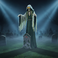Grande décoration d'extérieur d'Halloween, portative, avec mouvement mécanique à induction électrique, représentant un Dernier Juge funéraire lumineux avec pierre tombale, pour cimetière