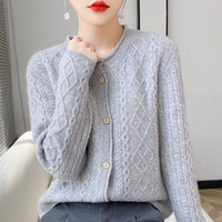 Cardigan en tricot pour femmes, hiver, uni, décontracté, élégant, chaud et confortable, doux, respirant, col rond, 100% laine, design rétro