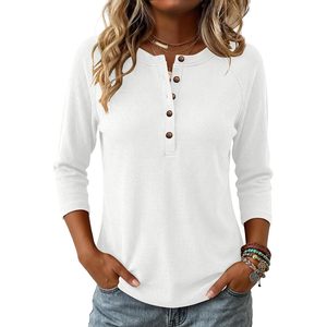 Chemise Henley en tricot gaufré à manches trois quarts pour femmes, haut décontracté boutonné, t-shirt basique, vêtements pour le printemps et l'été - Product Image 1