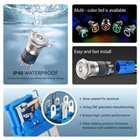 Interruptor de Botón Pulsador de Metal Iluminado de 16 mm GQ16BF-22DP, 2NO2NC, Acero Inoxidable, Latón, 5A, Verde, Rojo, Azul, Símbolo de Encendido LED