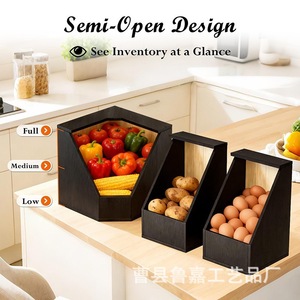 Caja de Almacenamiento de Esquina para Cocina de Madera Maciza Negra, Organizador de Frutas y Verduras de 3 Compartimentos, Contenedor de Almacenamiento de Alimentos para Escritorio - Product Image 4