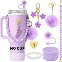 Ensemble d'accessoires pour gobelet Stanley 30-40 oz : poignée perlée, couvre-paille fleur, breloque pompon et porte-clés décoratif