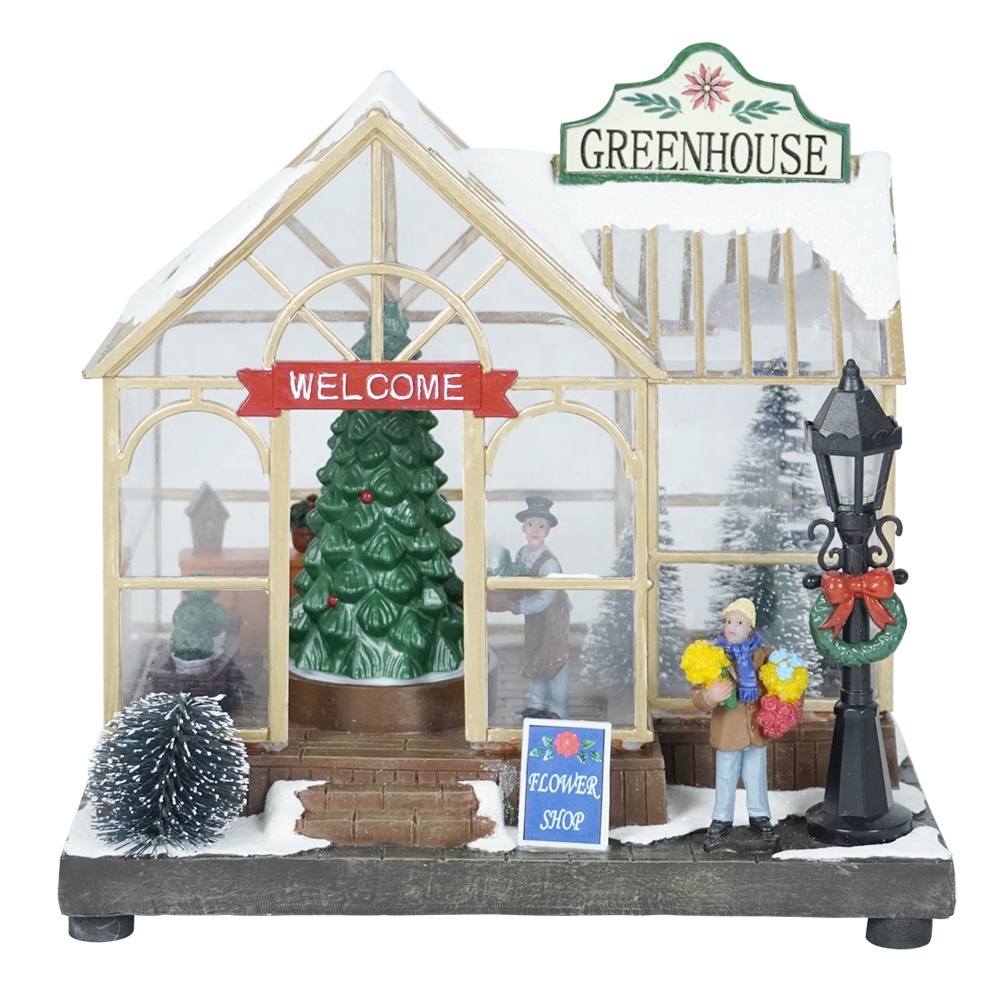 Christmas Decoration Supplies Led Music Plastic Christmas Green House Decoration Christmas Village with Rotating Tree
