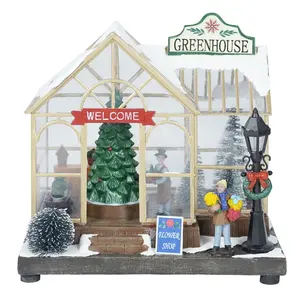 Christmas decoration supplies Led Music Plastic Christmas Green House decoration Christmas village with rotating tree