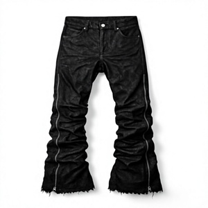 Jean en denim ciré pour homme, coupe large, taille mi-haute, couleur unie, en coton, décontracté, avec braguette boutonnée, en tissu tissé, grandes tailles - Product Image 1