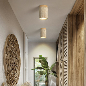 Plafonnier cylindrique en travertin style Wabi Sabi avec base en bois, lampe encastrée rétro pour couloir et salon - Product Image 4