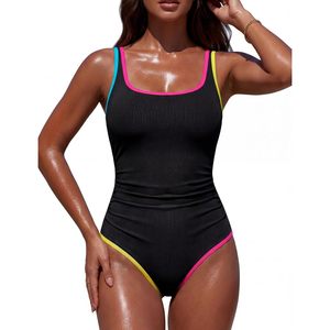 Traje de baño de una pieza para mujer con control de abdomen, cuello cuadrado, acanalado, bloques de color, estilo deportivo - Product Image 1
