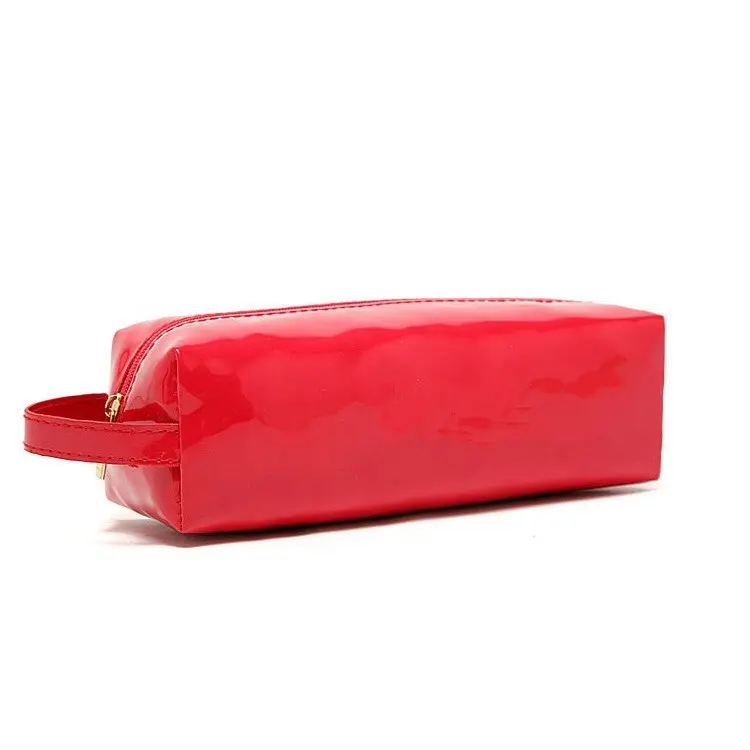 Custom Shinny black red makeup bag small portable leather pouch fashion cosmetic case handle bag