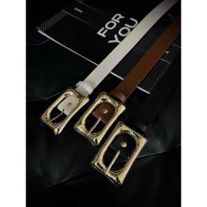 Cinturón de PU para Mujer con Hebilla Dorada de Lujo, Estilo Casual, Hebilla Rectangular de Aleación, Accesorio de Moda para Uso Diario - Product Image 3