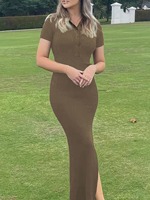 T26432 Nouvelle Collection Été – Robe Longue Tricotée Élégante pour Femme, Tendance Sexy avec Col en V Profond et Manches Courtes Fendues
