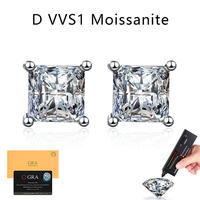 Boucles d'oreilles clous en argent sterling S925, moissanite taille princesse, couleur D, VVS1, 1CT 2CT, quatre griffes, certifiées GRA - Vente en gros usine