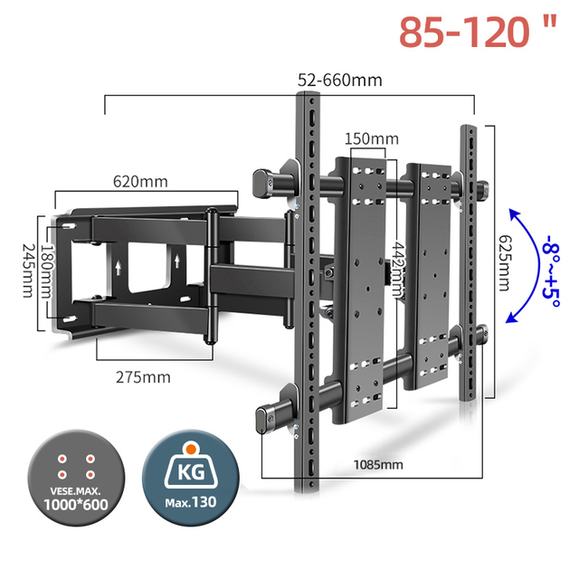 Heavy Duty 80 to 120 Inch Full Motion TV Wall Mount Max VESA1000x600mm up to 330 Lbs for Extra Large Big Screens