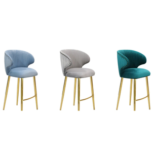 011 Sgabello da Bar Ergonomico Nordico con Schienale a Ala, in Velluto con Rivetti, Sgabello Alto Dorato Lucido con Poggiapiedi, Arredamento Commerciale per Bar - Product Image 2