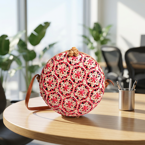 Bolso Bandolera Redondo de Bambú Tejido para Mujer, Patrón Geométrico, Estilo Bohemio, Bolso de Playa - Product Image 3