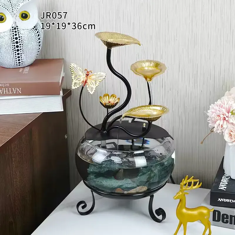 Decorazione Desktop personalizzata fontana per interni in vetro acquario cascata in ferro