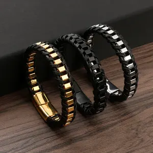 DAIHE 2023 Herren Großhandel Edelstahl-Armband mit magnetischem Zubehör Gold Leder Schmuck Hand-Charme-Muster
