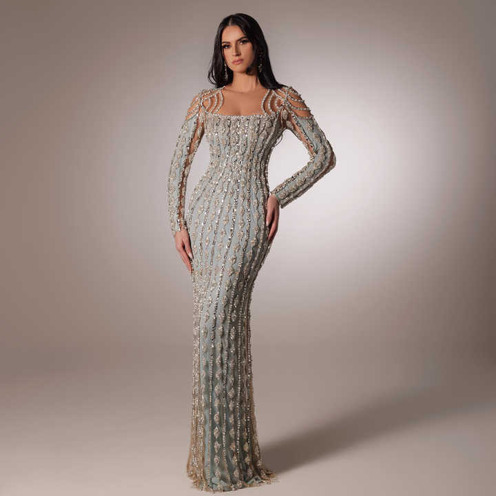 Dubai Arabic Designer Luxury Sage Green A Line Beaded Evening Dresses Gowns For Women Wedding Party 2025 LA72342