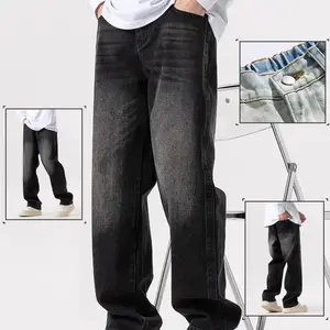 Özel Streetwear Hip Hop boy siyah geniş bacak kot pantolon Denim kargo pantolon Baggy kot pantolon erkekler için