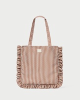 Sac fourre-tout à volants en toile gingham marron crème imprimé sur mesure, sac à bandoulière vintage en coton à carreaux, sac à main en toile style Cottagecore, vente en gros