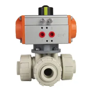 Dn40 True Double Union Socket 2 Inch Air Actuator 3 Way Corrosion Resistance Plastic Upvc Pneumatic Ball Valve