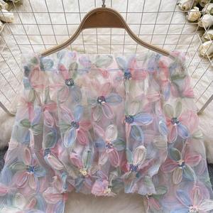 Chemisiers polyvalents pour femmes, coupe ample et amincissante, à une épaule, manches longues, en maille à fleurs 3D, collection été 2026, vente en gros - Product Image 5