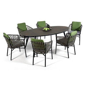 jardín restaurante 7 piezas Juego de comedor muebles al aire libre Patio cuerda de aluminio Mesa ovalada y sillas de 6 plazas - Product Image 1
