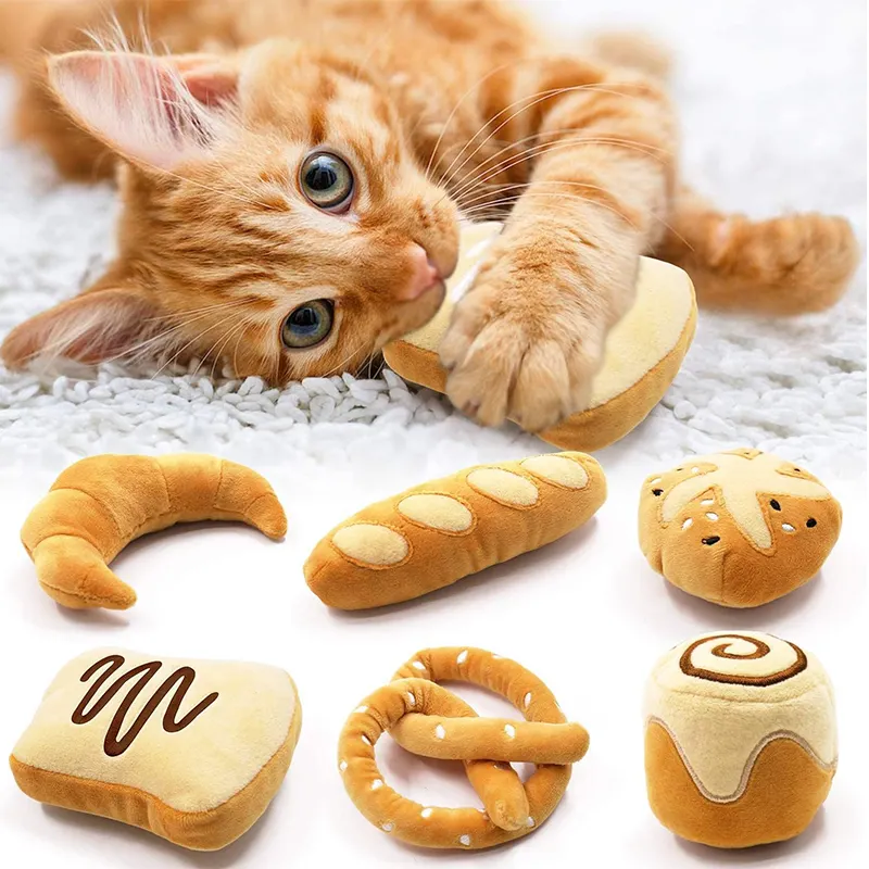 耐久性のあるかわいいパン猫人形朝食ぬいぐるみ猫噛むおもちゃ歯のクリーニング猫ぬいぐるみキャットニップおもちゃ