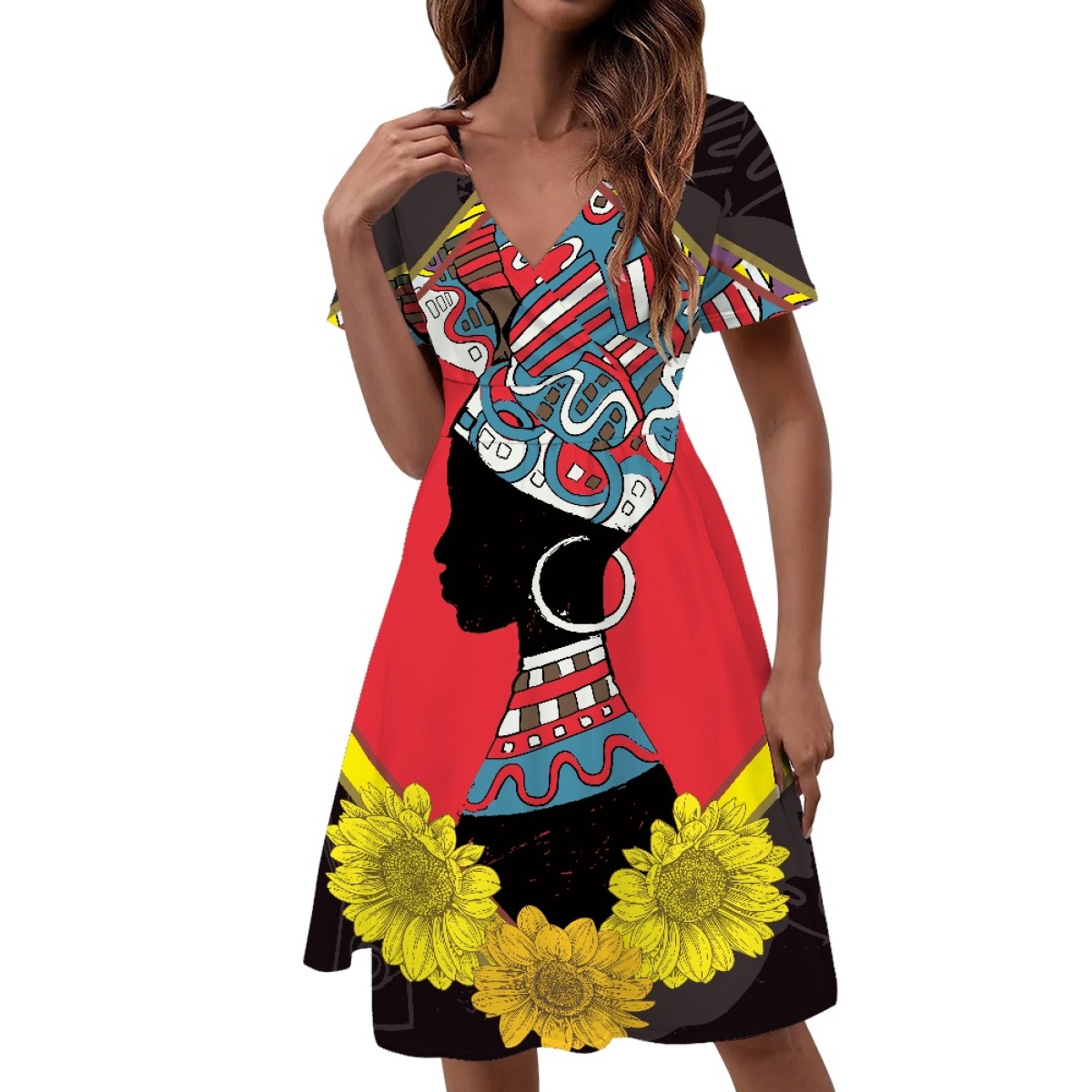 chinese dress ladies iooiooi African Dresses for Women A-line Ruffle Sleeve Ankara Fabric Sexy  Dress and Free Head Scarf 2 Pieces at Amazon Women's Clothing store
