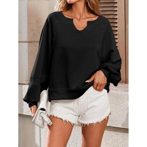 Sweat-shirt oversize pour femme, col en V, manches lanternes en dentelle, coupe courte et ample, pull d'automne noir - Product Image 2