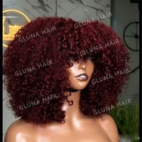 Perruques en cheveux humains bouclés afro kinky 99J bordeaux, prêtes à porter, avec frange, fabriquées à la machine, sans colle, pour femmes noires