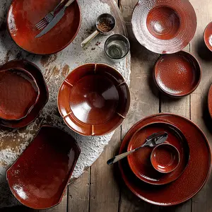 JiuJiuJu Unique Red Nordic Bowl Dinnerware Dish Nigiris Platillos Ceramic Restaurant Vajilla Porcelain Dining Plates Set