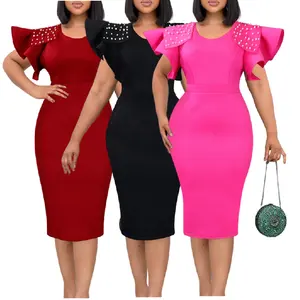 D353 Latest Design Summer Dress 2023 Beaded Flare Sleeve Solid Color High Wrap Party Dresses Women Elegant Ladies Office Dress