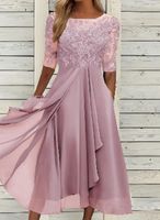 Robe longue élégante pour femme en mousseline unie et dentelle, écologique et lavable, à manches courtes, ajourée, coupe trapèze, pour demoiselle d'honneur et soirée