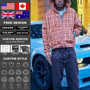 Manufacturer Custom Streetwear Plaid Flannel Boxy Hoodie Oversized Reversible Stone Faded Zipper Distressed Hoodie for Men - Product Image 2