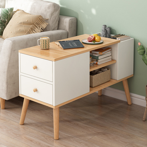 Simple and Modern Wooden Tea <strong>Table</strong> 2 Drawers Sofa <strong>Side</strong> <strong>Table</strong> Large Capacity <strong>Storage</strong> Cabinet