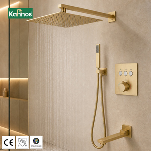 Ensemble de douche encastré 3 voies en laiton brossé doré sans plomb, avec douchette pluie, robinets de douche thermostatiques et bec de baignoire, certifié CE, qualité hôtelière - Product Image 1
