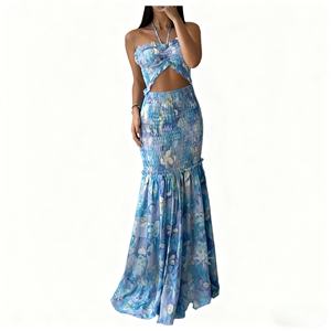 Vestido de Noche Largo con Escote Halter sin Tirantes, Cintura Imperio, Estampado Floral, Aberturas y Detalles Fruncidos para Mujer - Product Image 2