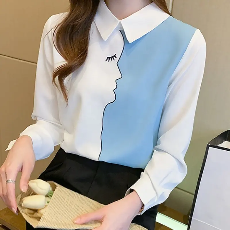 Women Spring Autumn Vintage Stitching Print Blouses Korean Elegant Office Shirt Long Sleeve Shirt Ladies Chiffon Blouse Top