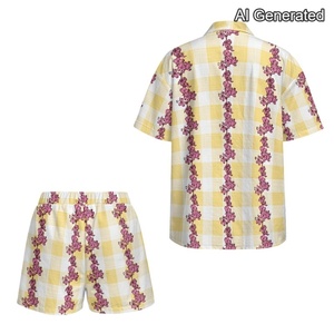 Conjunto de camisa informal para <span class=keywords><strong>mujer</strong></span>, pantalones cortos de cintura alta, traje holgado con estampado de flores a cuadros para verano, para playa - Product Image 6
