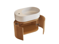 Meuble-lavabo mural en chêne rainuré courbé, vasque intégrée ovale en Solid Surface, armoire flottante avec portes à fermeture douce