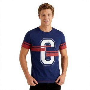 Men's <b>Navy</b> Blue Short Sleeve T-Shirt With White Letter C Print And Red Stripes Contrast Trim Casual O-Neck Design - Product Image 1