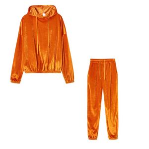 Unisex Orange <b>Velvet</b> <b>Tracksuit</b> Hooded Full Sleeve Casual Solid Color Drawstring Pants Set Adult Autumn Wear - Product Image 1