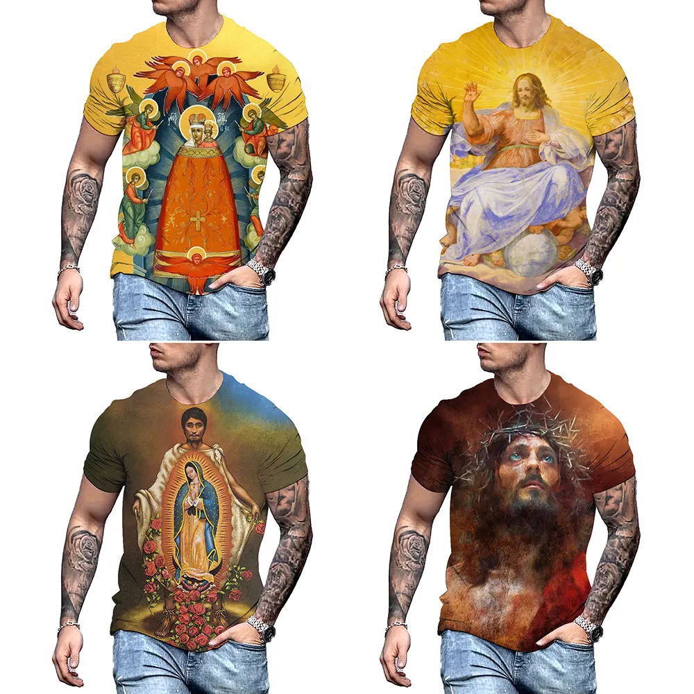 Men's Clothing Men Summer Tee T Shirt 3d Vintage Style Manufactory Custom Jesus Logo Short Sleeve Shirts TWILL Fabric Printed
